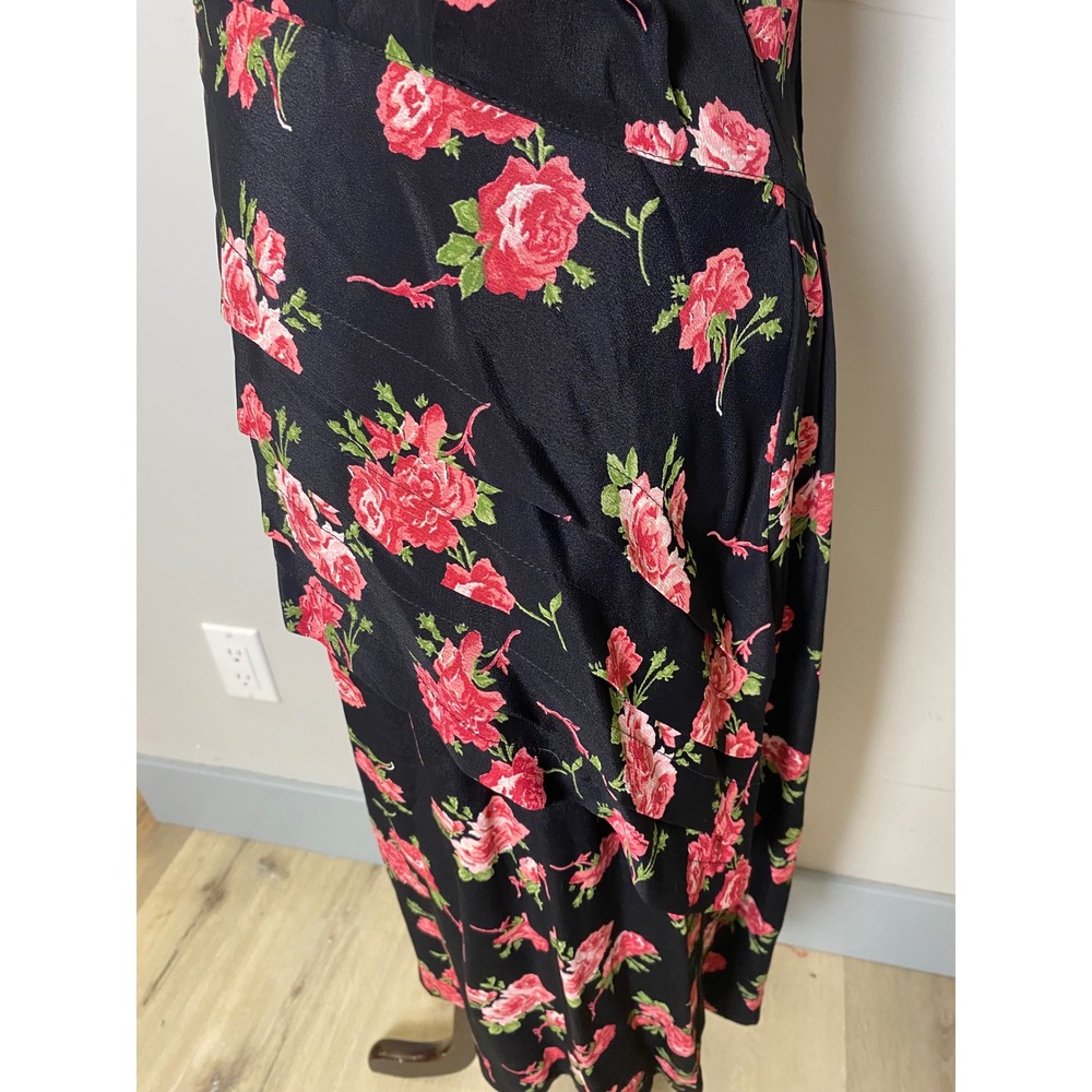 Vintage 80s 90s Floral Rose Mock Neck Midi Dress Black Red Tiered Hip Detail - Picture 11 of 12